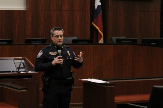 Police Chief Brad Fortune encouraged Keller residents to contact him with questions or suggestions, even after the Jan. 21 town hall meeting. (Kira Lovell/Community Impact Newspaper)