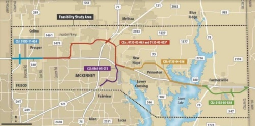 This map shows the conceptual alignments for US 380 in Collin County. (Courtesy Texas Department of Transportation)