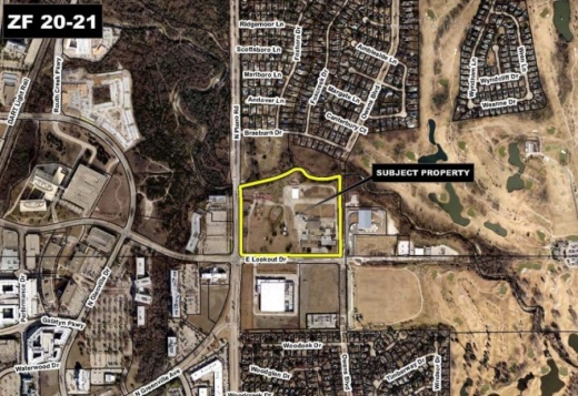An aerial photo shows the subject property in relation to the nearby residences. (Courtesy city of Richardson)