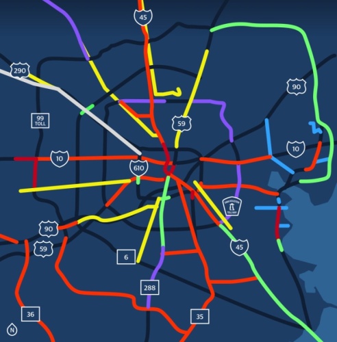 TAG-Houston's regional map of needed transportation projects shows which routes are in need of which kind of projects. 