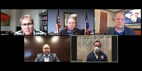 AECOM Texas Executive Wendy Lopez moderates a panel discussion Feb. 4 featuring Tarrant County Judge Glen Whitley, Denton County Judge Andy Eads, Collin County Judge Chris Hill and Dallas County Judge Clay Jenkins. (Screenshot courtesy North Texas Commission)