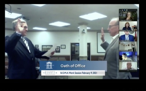 Former Franklin Mayor John Schroer, right, was sworn in to the Franklin Board of Mayor and Aldermen on Feb. 9. (Screenshot via www.franklintn.gov)