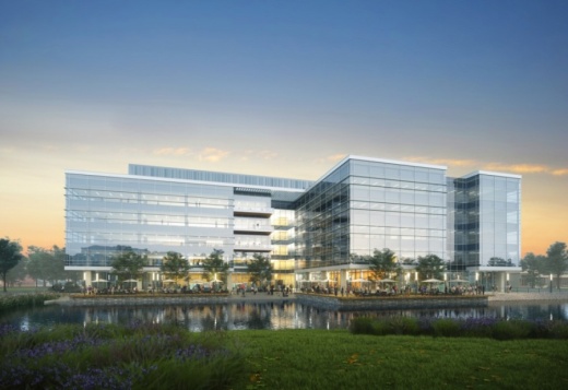 Phase 1 of Levit Green includes a 270,000-square-foot life sciences building alongside the district's network of green space and lakes. (Courtesy Levit Green)