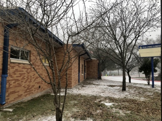 Snow falls at Pecan Springs Elementary School in East Austin on Feb. 14. (Jack Flagler/Community Impact Newspaper)