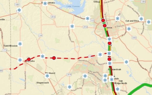 The Montgomery County Live Map shows areas where ice is reported on area roads. (Screenshot via Montgomery County)