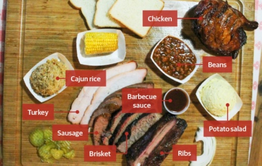 The sample platter ($29.95) features ribs, sausage, brisket and turkey along with several sides. (Andy Li/Community Impact Newspaper)