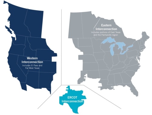 Most of the electric grid in Texas is managed by the Electric Reliability Council of Texas, which is not linked to other national interconnected systems. (Courtesy Electric Reliability Council of Texas)