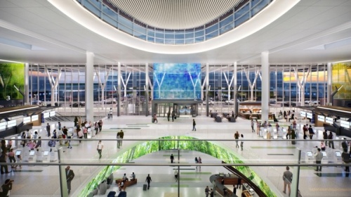 The $560 million central processor, which is part of the new Mickey Leland International Terminal, will replace the parking garage for terminals D and E. (Courtesy Houston Airport System)