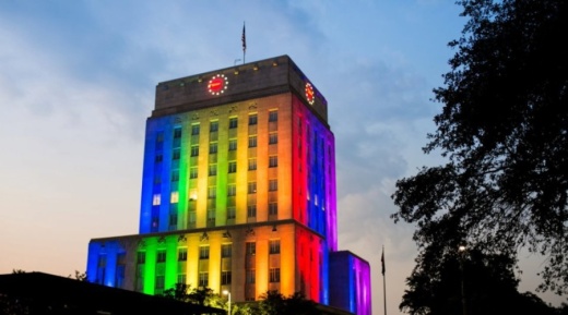 Houston City Hall in rainbow lighting