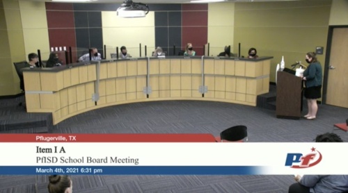 Pflugerville resident Amy Brown addresses the Pflugerville ISD board of trustees March 4. (Screenshot courtesy Pflugerville ISD)