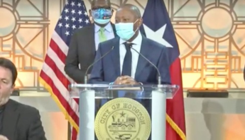 Houston Mayor Sylvester Turner speaking at a press conference