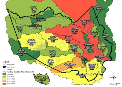 A map presented to Harris County commissioners at a March 9 meeting shows Halls Bayou, Greens Bayou and the San Jacinto River watershed among those that are less than 50% funded when it comes to the county's 2018 flood-control bond program. (Screenshot courtesy Harris County)
