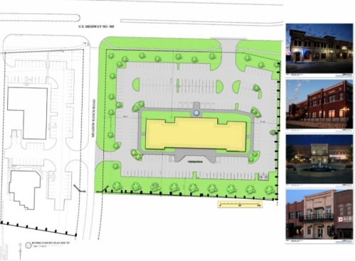 The proposed office and retail development is pictured on the right, and was pitched as a two-story office building. It is opposite an existing veterinarian practice on the left. (Illustration courtesy city of McKinney)