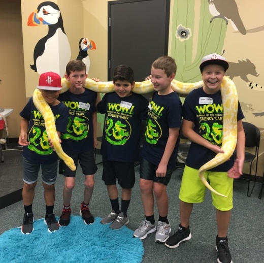 WOW! Science Camp students interact with animals such as Bubba, an albino Burmese python. (Photos courtesy WOW! Science Camp)