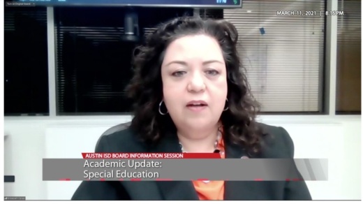 Chief Academic Officer Elizabeth Cases updated Austin ISD trustees on pending special education evaluations March 11. (Courtesy Austin ISD)