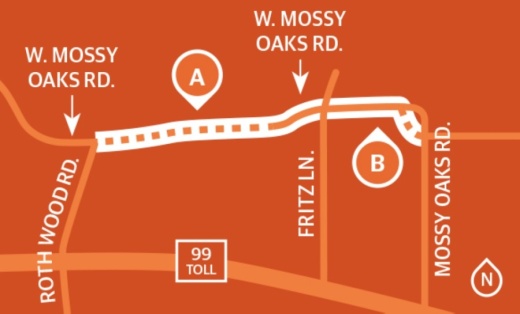 (A) Segment 1 will extend West Mossy Oaks from Rothwood Road to Fritz Lane as four lanes with improved drainage and traffic signals. (B) Segment 2 will continue those improvements along West Mossy Oaks from Fritz Lane to Mossy Oaks Road and realign a portion of the road. (Graphic by Ronald Winters/Community Impact Newspaper) 