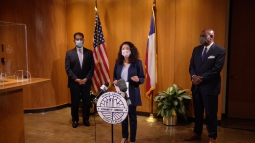 From left: Harris County Precinct 2 Commissioner Adrian Garcia, County Judge Lina Hidalgo and Precinct 1 Commissioner Rodney Ellis speak on equitable practices in vaccine distribution at a March 25 press conference. (Screenshot courtesy Harris County judge's office)