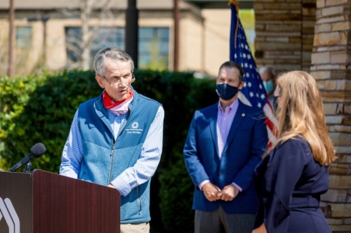 U.S. Rep. Lizzie Fletcher, D-Houston, speaks to West University Place Mayor Bob Higley during a March 26 press conference. (Courtesy city of West University Place)