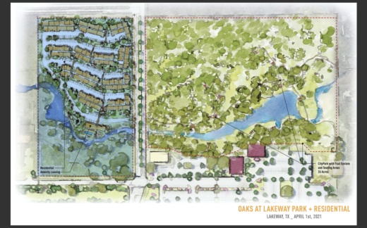 Stratus Properties presented to Lakeway City Council on April 5 renderings that show an extension of Main Street along with the construction of apartments and a public park on land it owns behind The Oaks shopping center. (Courtesy Stratus Properties)