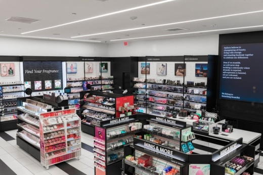 High-angle photo of the corner of a Sephora store