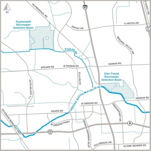 The Glen Forest Stormwater Detention Basin is designed to hold 894 acre-feet, or 291.3 million gallons of stormwater through three interconnected stormwater detention basins, while the Kuykendahl Stormwater Detention Basin is designed to hold 2,325 acre-feet, or 757.6 million gallons of stormwater. (Courtesy Harris County Flood Control District)