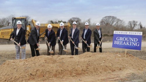 Archie Dunham (third from left) celebrates the ground breaking at Dunham Pointe alongside homebuilders and local government officials. (Courtesy Dunham Pointe)