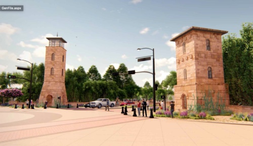 Rendering of stone towers on either side of Colleyville Boulevard
