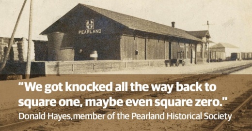 Work on renovating the Pearland train depot has halted due to COVID-19. (Photo courtesy the Pearland Historical Society, graphics by Justin Howell/Community Impact Newspaper)