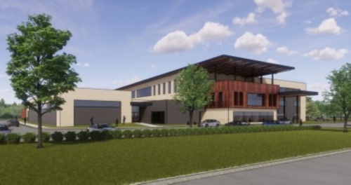 This rendering of Frisco ISD's first intermediate campus shows the view from northbound Alma Road. (Courtesy Huckabee)