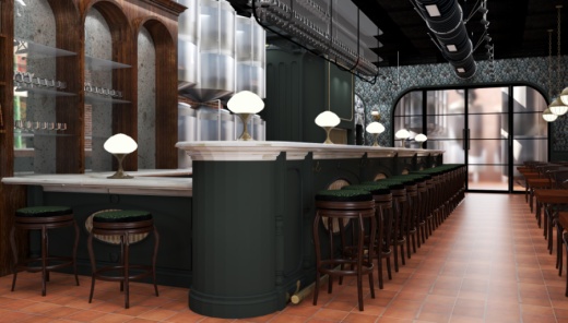 Beers will be served directly from five-barrel serving tanks behind the bar. (Rendering courtesy Fass Brewing)