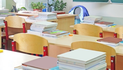 Rows of desks in a classroom