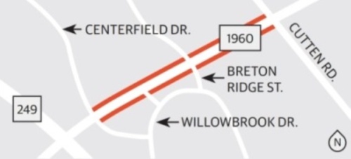 The project will add dual left-turn lanes at Cutten Road, Breton Ridge Street and the Willowbrook Mall entrances as well as lengthen all turning lanes on FM 1960 between Centerfield Drive and Cutten Road to provide additional space for vehicles. (Graphic by Ronald Winters/Community Impact Newspaper)