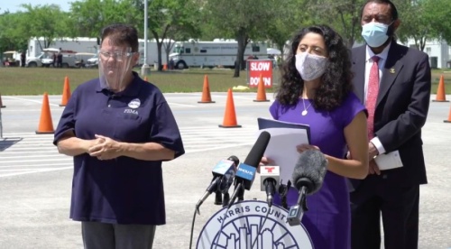 Harris County Judge Lina Hidalgo speaks at an April 19 press conference at a mass-vaccination site at NRG Park. (Screenshot courtesy Facebook Live).