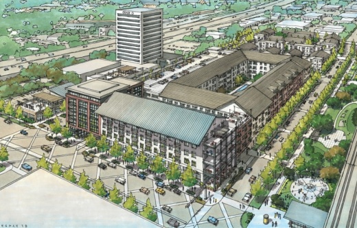 The Belt Main development will include 15,000 square feet of restaurant and retail space, 350 multifamily units and around 100 townhomes. (Rendering courtesy Catalyst Urban Development)