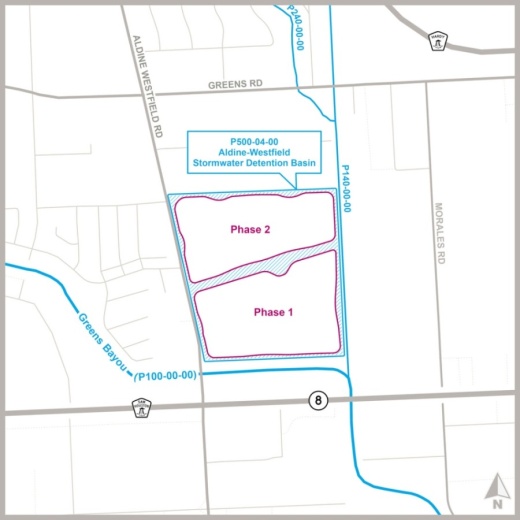 Phase 1 is designed to hold 667 acre-feet, or roughly 217 million gallons of stormwater, while Phase 2—which is still under design—is expected to hold an additional 600 acre-feet, or 190 million gallons of stormwater, upon completion. (Courtesy Harris County Flood Control District)