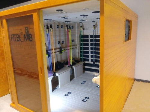 Six Fitbomb rooms will allow patrons to train in an infrared sauna with workout videos ranging from yoga to mixed martial arts. (Courtesy Euro Glo and Fit Spa)