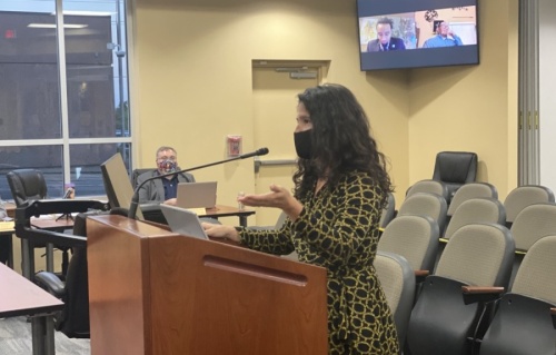 Kyle Communications Director Samantha Armbruster addresses City Council on April 20. (Brian Rash/Community Impact Newspaper)