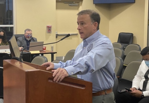 Kyle Police Chief Jeff Barnett addressed council April 20 regarding an ordinance restricting sex offenders' residency in the city. (Brian Rash/Community Impact Newspaper)