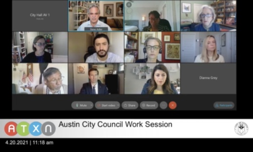 Austin City Council members met for a work session April 20 ahead of the body's regular April 22 session. (Screenshot via city of Austin)