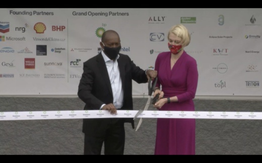 Houston Mayor Sylvester Turner and Greentown Labs CEO Emily Reichert cut the ribbon during the green energy incubator’s grand opening April 22. (Courtesy Greentown Labs via livestream)