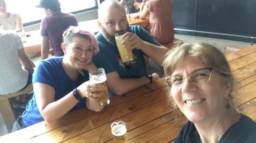 Jen and Chris Mathis (left) and Janine Weber have been developing Ovinnik Brewing for about a year. Their facility in the Timbergrove area could open by the end of the summer. (Courtesy Ovinnik Brewing)