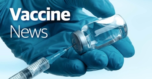 Photo of a gloved hand holding a vaccine vial with the words "Vaccine News" overlayed