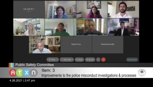 Interim Police Chief Joseph Chacon and Farah Muscadin, director of the Office of Police Oversight, met virtually with City Council April 26 to discuss the two departments' working relationship when handling investigations. (Screenshot via City of Austin)