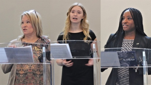 From left: Grapevine-Colleyville ISD trustee Coley Canter; Grapevine-Colleyville ISD junior Lauren Abell; and Alexis Miller, a third-grade teacher in Lewisville ISD, were among the many speakers voicing their support for funds to be released to public schools. (Sandra Sadek/Community Impact Newspaper)