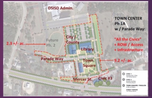 Dripping Spring's Town Center Project would create a new city hall facility as well as city library, parking and a town square. (Concept plan courtesy the city of Dripping Springs)