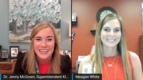 Klein ISD Superintendent Jenny McGown (left) named Meagan White (right) principal of the district's new tuition-free, online school, Klein Virtual Academy, in a Facebook Live event April 29. 
