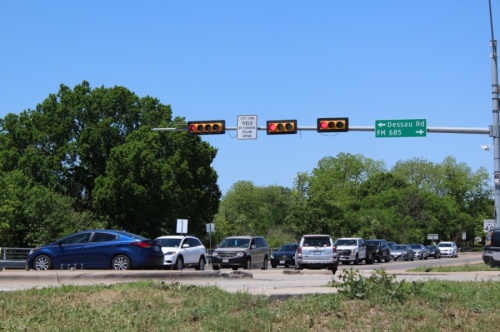 The intersection of Pecan Street at FM 685/Dessau Road will be displaced for a left turn project. (Megan Cardona/Community Impact Newspaper)