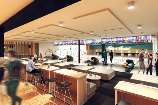 Palace Social is opening in June with eight bowling lanes, a 159-seat restaurant and a 3,900-square-foot arcade, among other offerings. (Courtesy Blkbox)