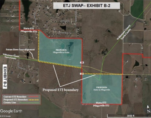 The agreement swaps comparable-sized parcels of land in extraterritorial jurisdictions of the cities of Hutto and Pflugerville along the Williamson County and Travis County lines. (Courtesy Tiemann Land and Cattle Development Inc.)