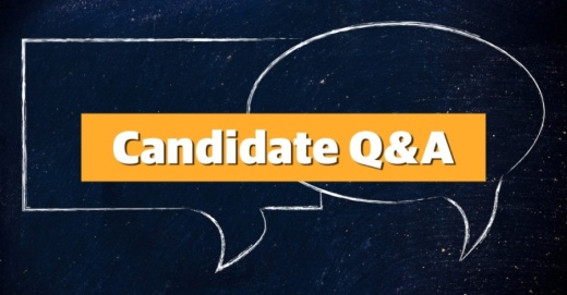 The text "Candidate Q&A" and two speech bubbles drawn on a chalkboard